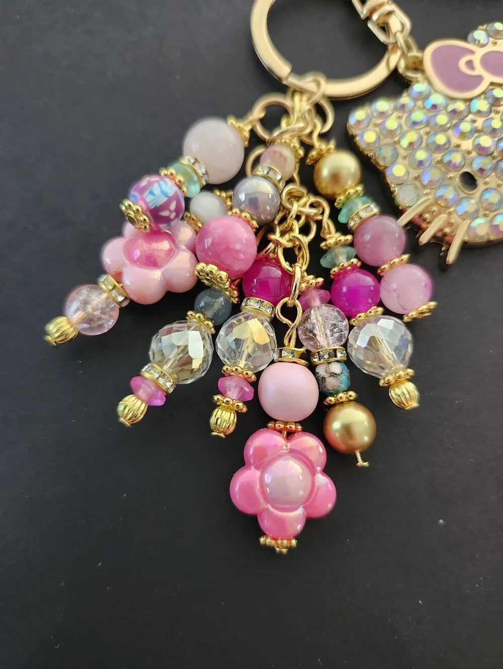 Hello Kitty Purse Charm or Keychain Dolomite Jasper Rose Quartz Handcrafted